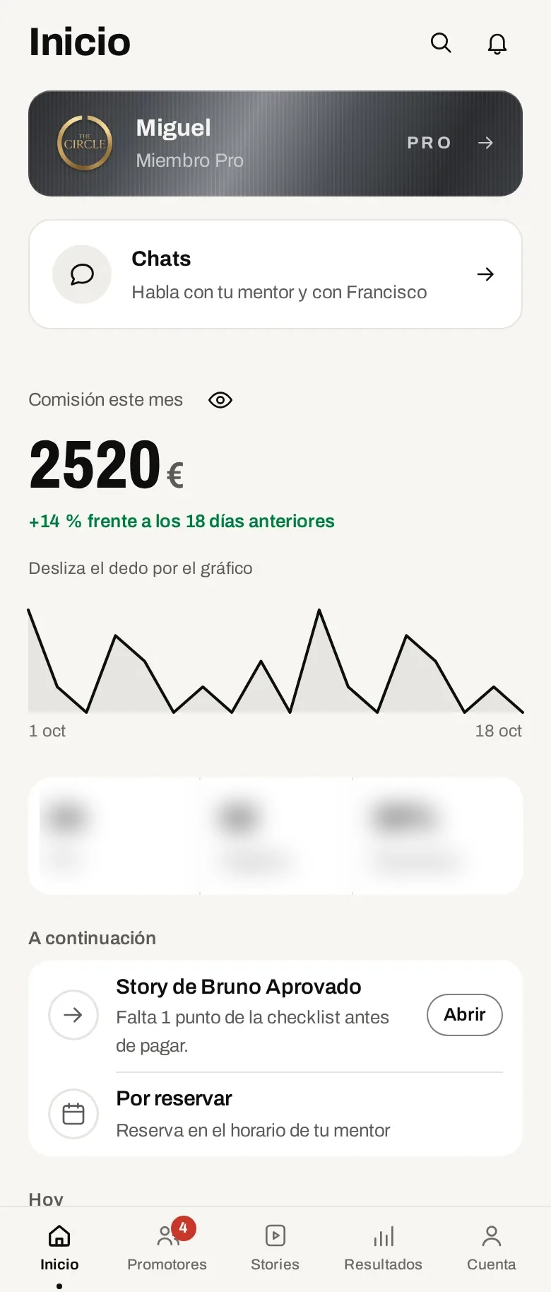 El inicio de la app con las ganancias del mes. Datos de demostración.