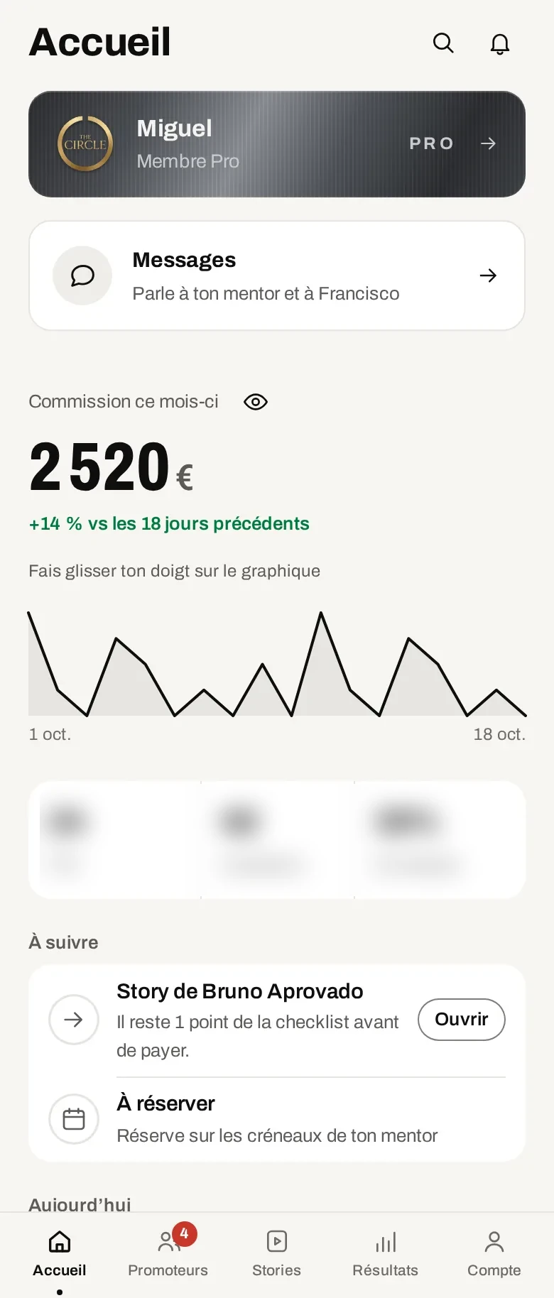 L’accueil de l’app avec les gains du mois. Données de démonstration.