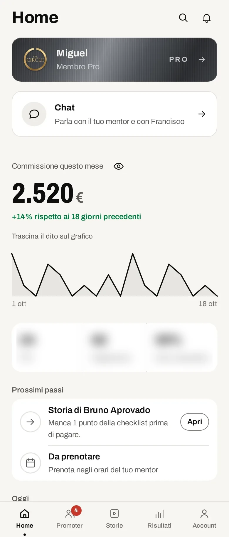 La home dell’app con i guadagni del mese. Dati di esempio.