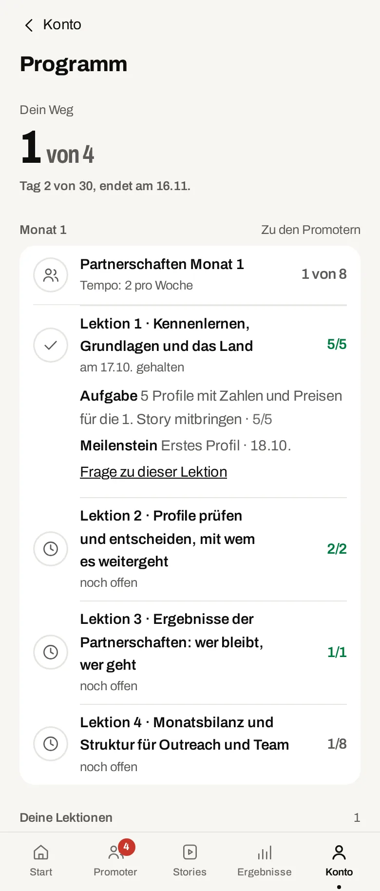 Das Mentoring-Programm in der App. Demodaten.