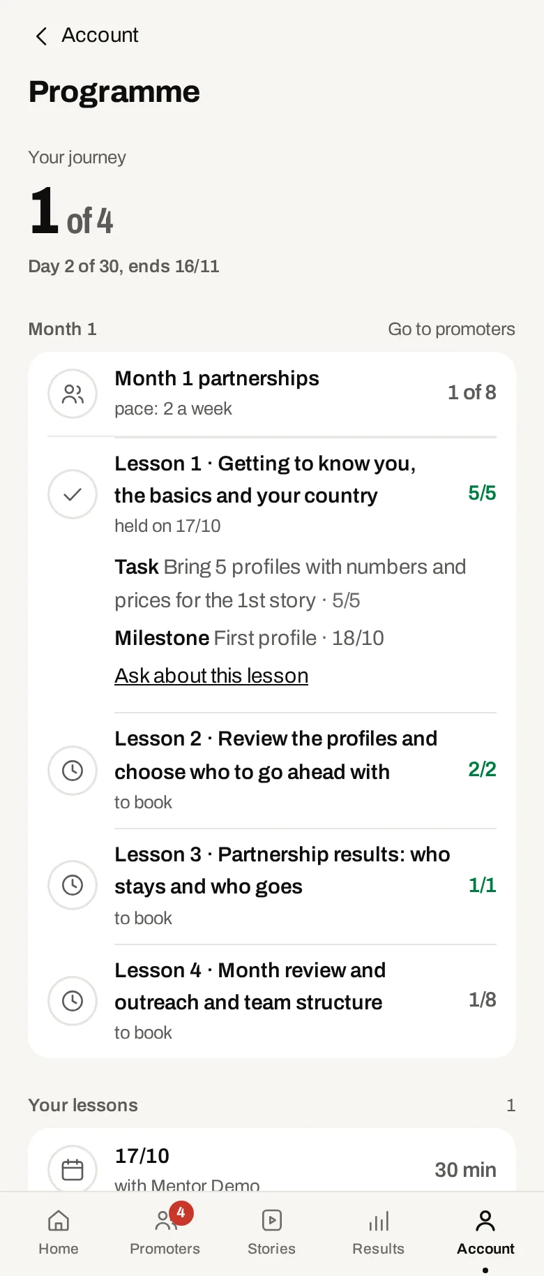 The mentorship programme in the app. Demo data.