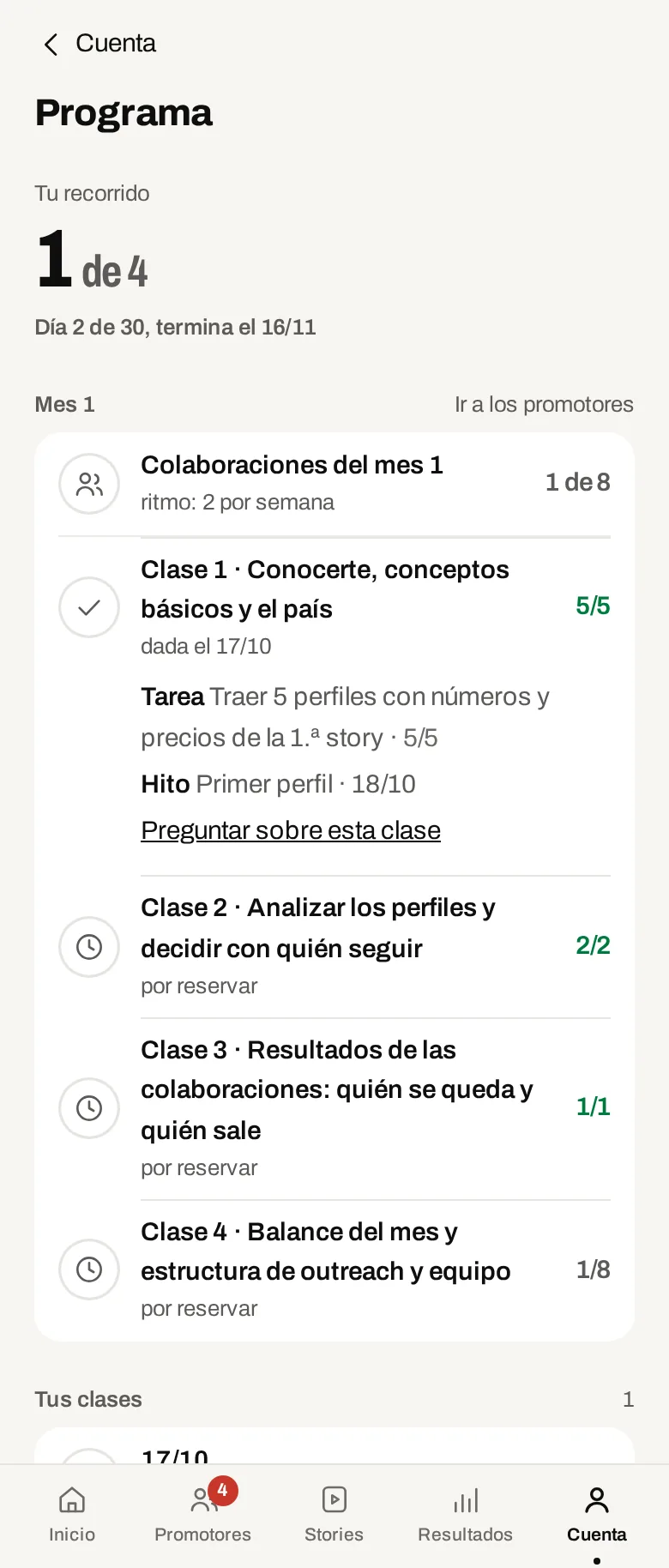 El programa de la mentoría en la app. Datos de demostración.
