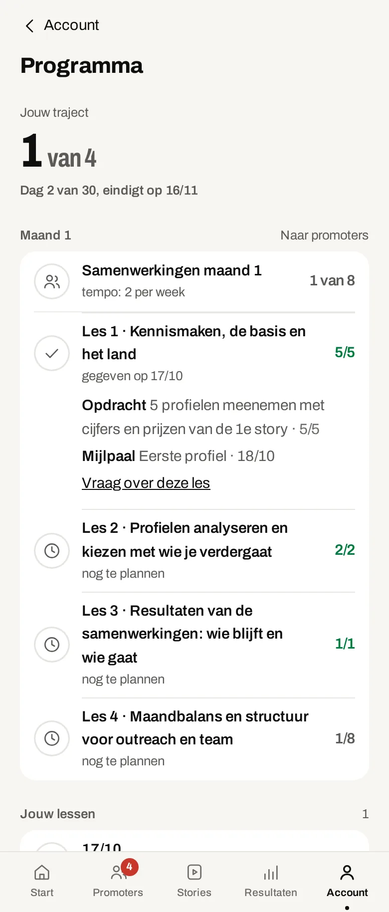 Het mentorprogramma in de app. Demogegevens.