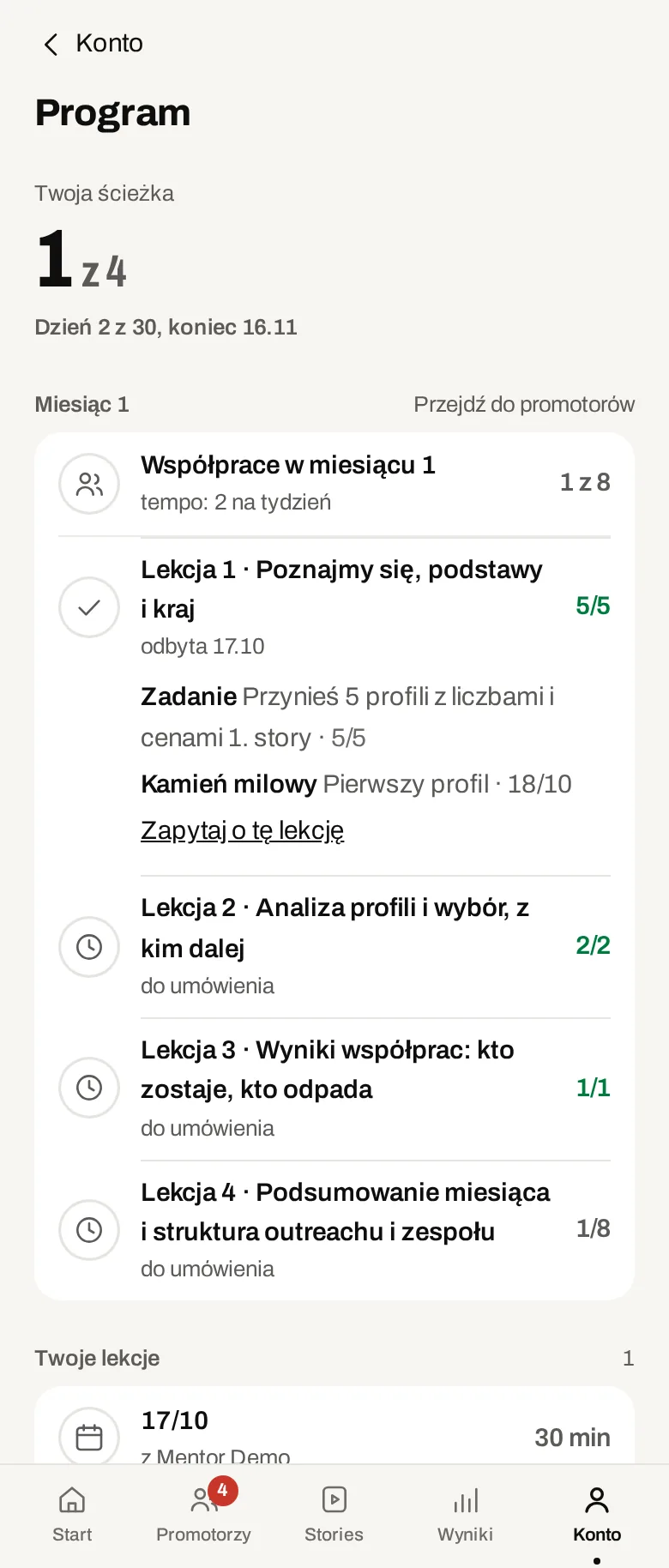 Program mentoringu w aplikacji. Dane demonstracyjne.