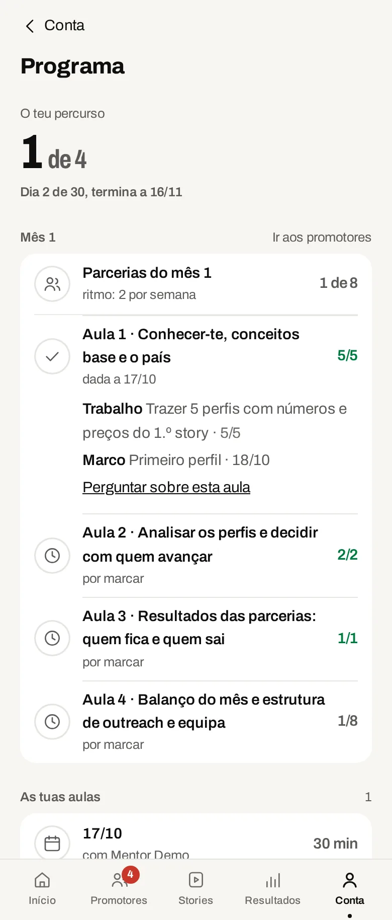 O programa da mentoria na app. Dados de demonstração.