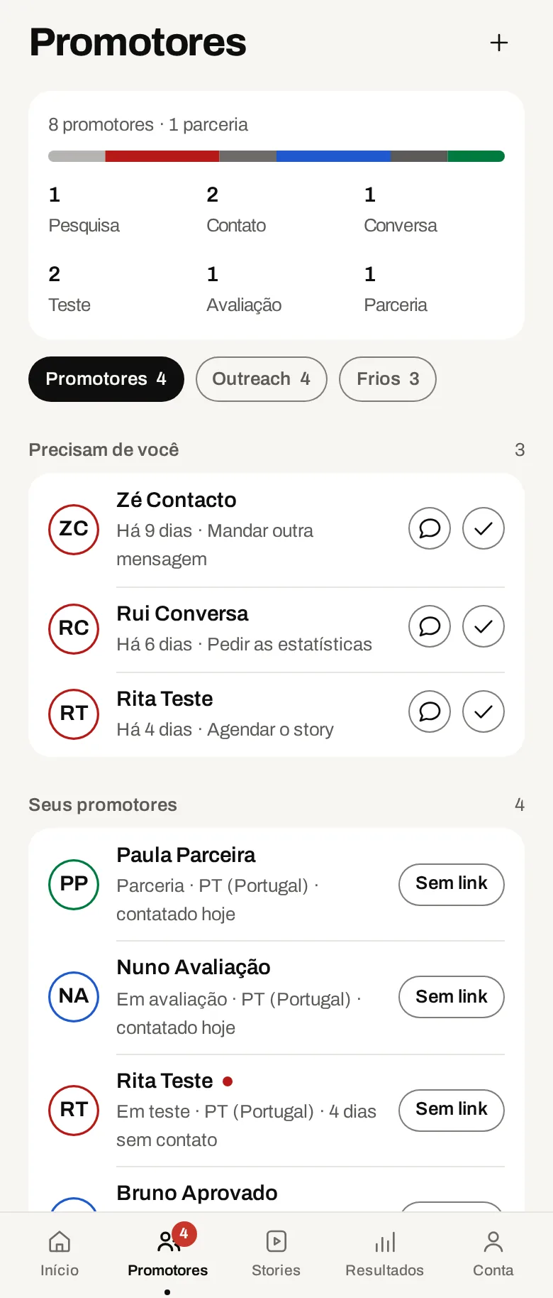 A lista de criadores no app. Dados de demonstração.