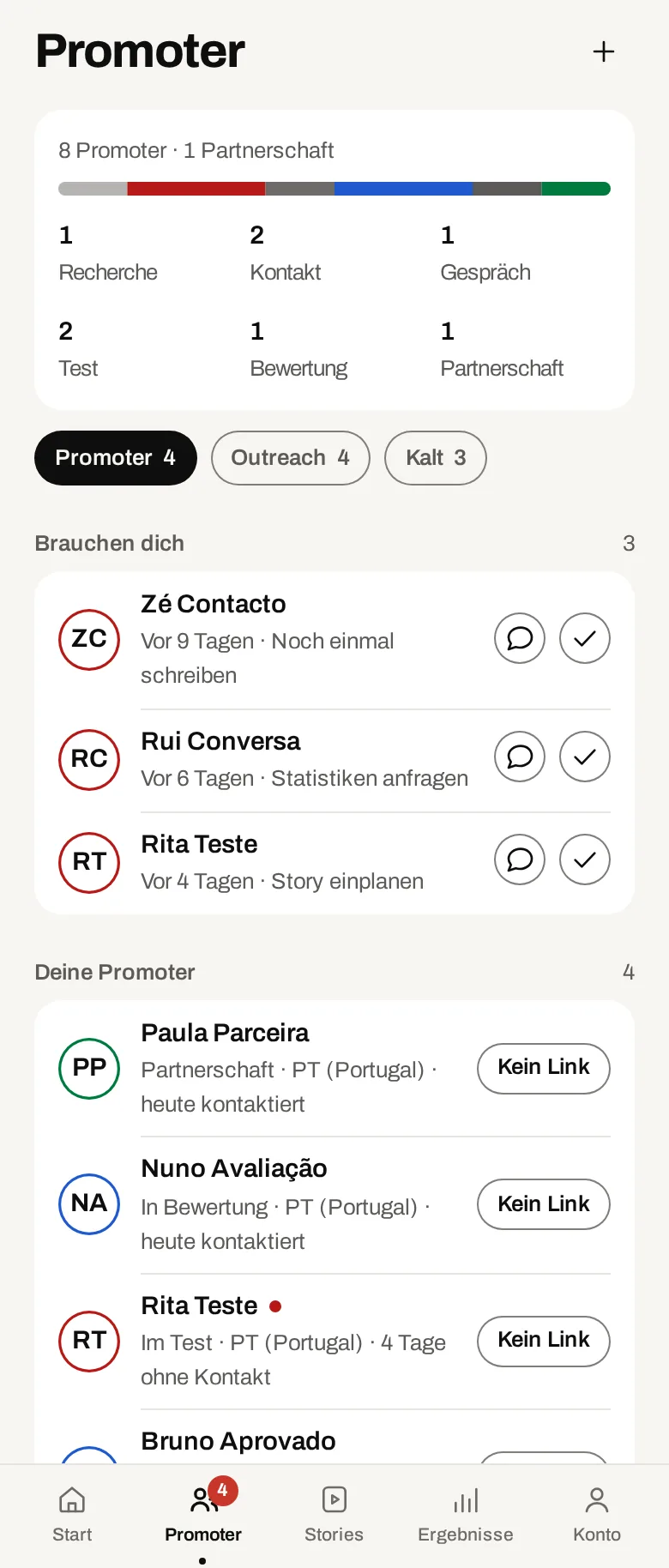 Die Liste der Creator in der App. Demodaten.
