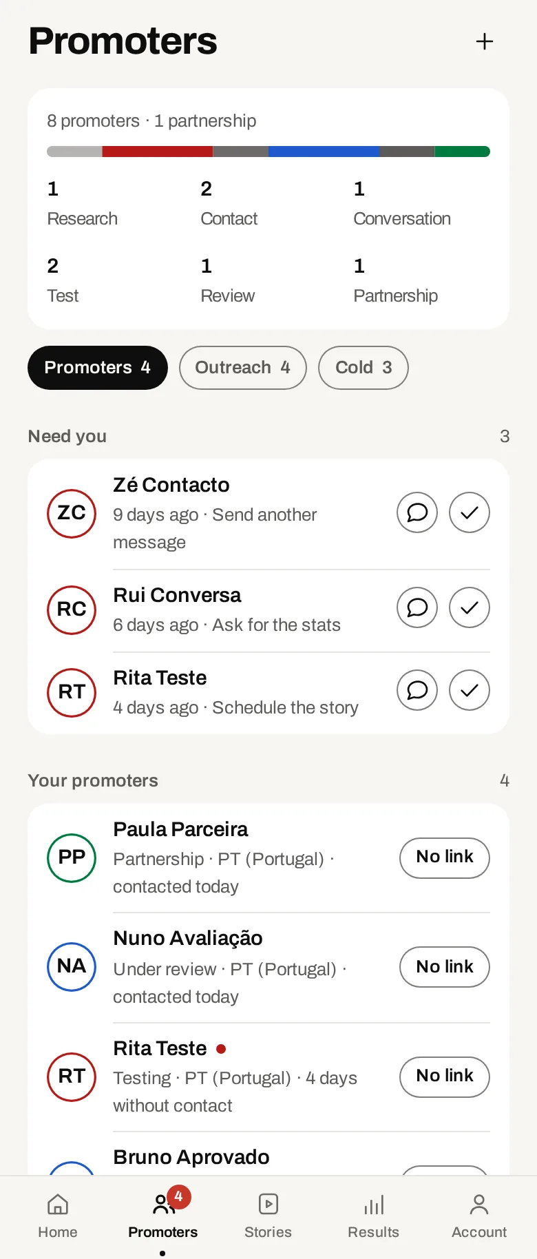 The list of creators in the app. Demo data.