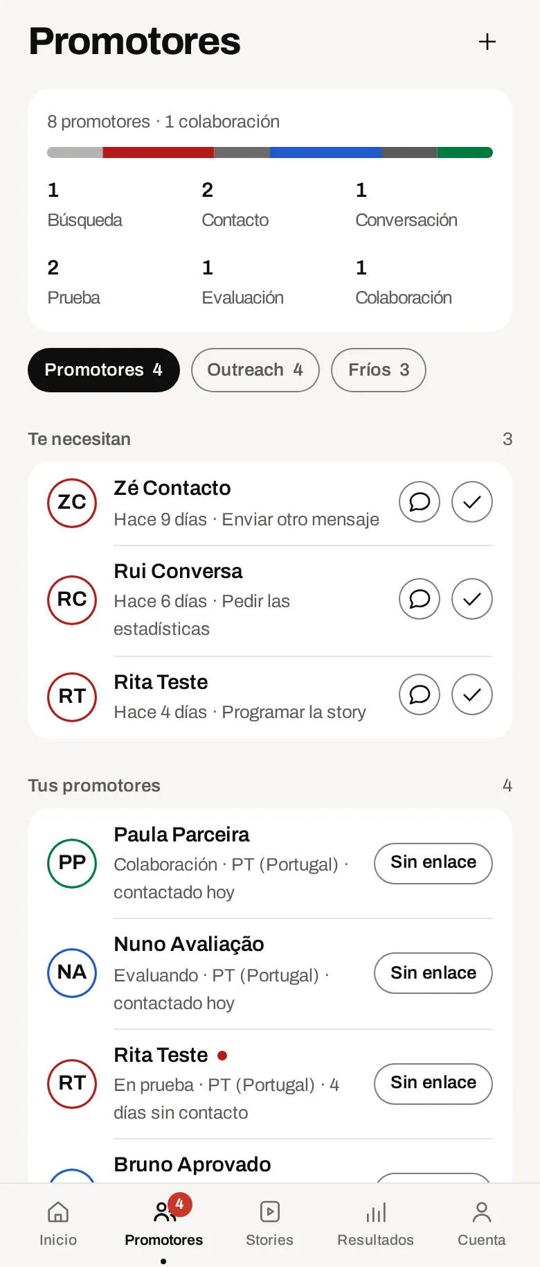 La lista de creadores en la app. Datos de demostración.