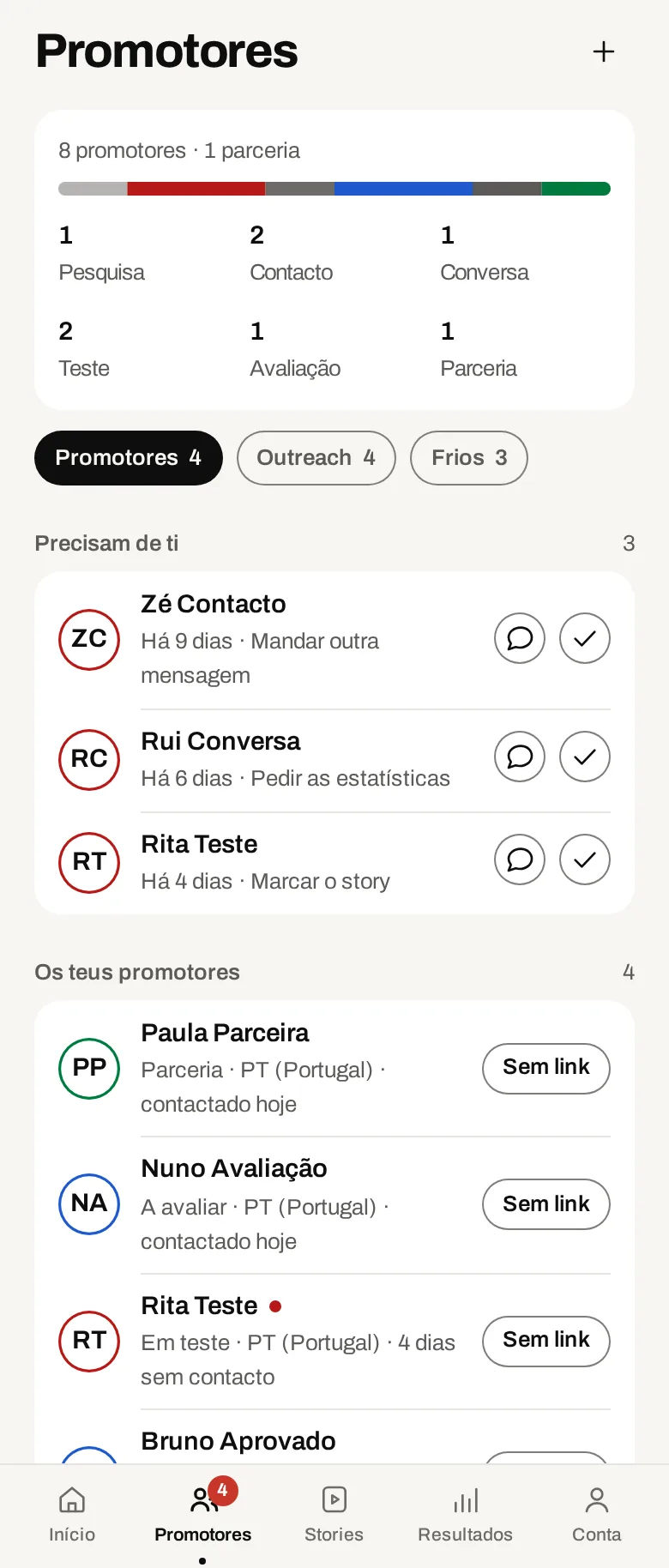 A lista de criadores na app. Dados de demonstração.